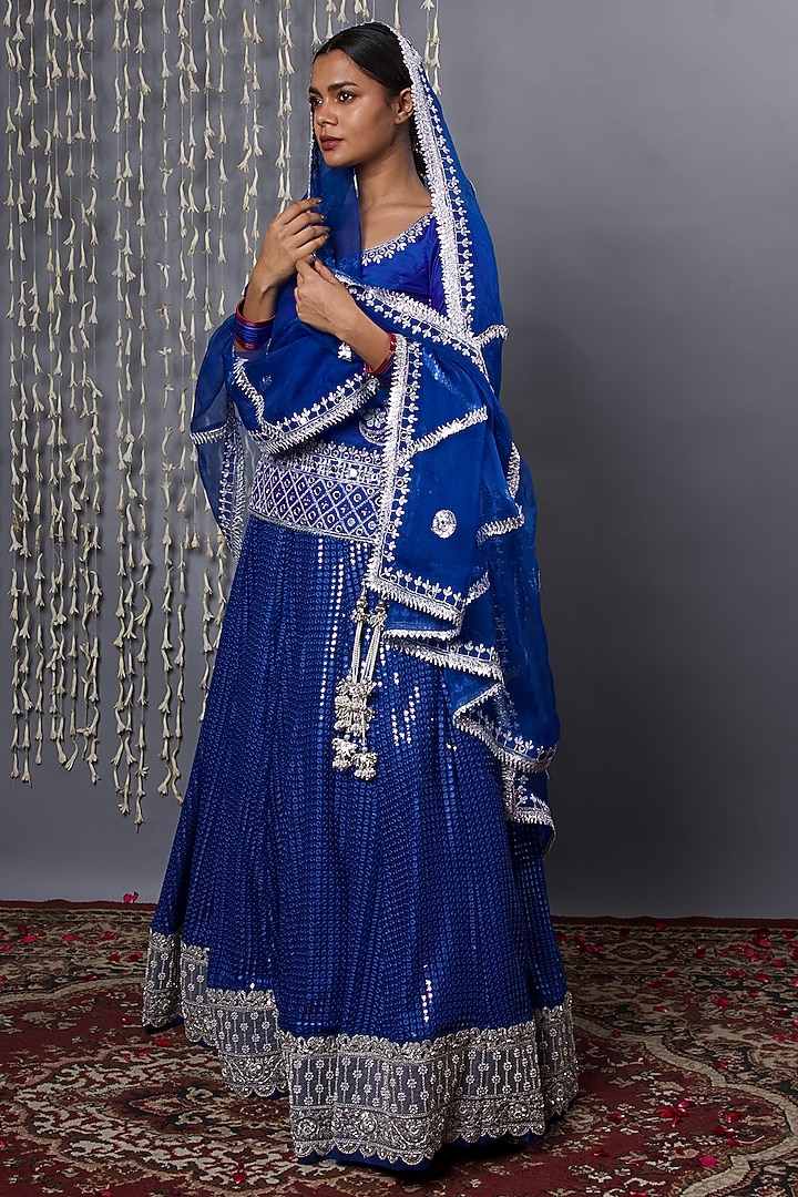 Blue Pure Georgette Zardosi Embroidered Bridal Lehenga Set by Shweta Dabas at Pernia's Pop Up Shop