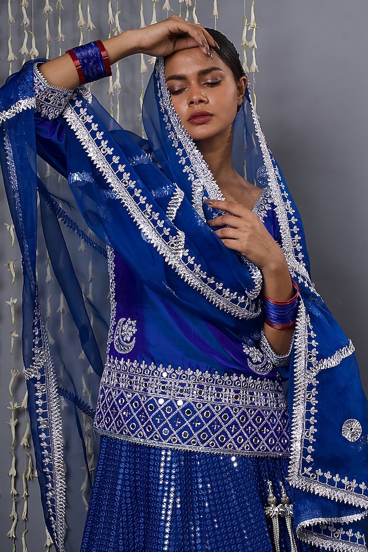 Blue Pure Georgette Zardosi Embroidered Bridal Lehenga Set by Shweta Dabas at Pernia's Pop Up Shop