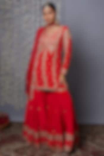 Red Crepe Zardosi Embroidered Bridal Sharara Set by Shweta Dabas at Pernia's Pop Up Shop