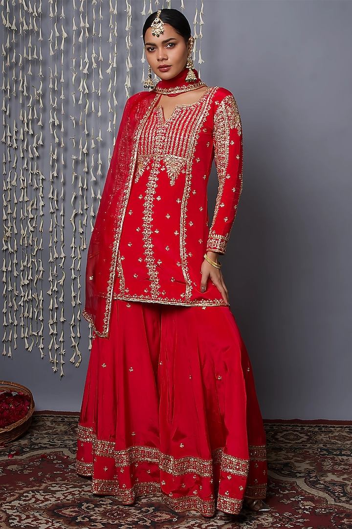 Red Crepe Zardosi Embroidered Bridal Sharara Set by Shweta Dabas at Pernia's Pop Up Shop