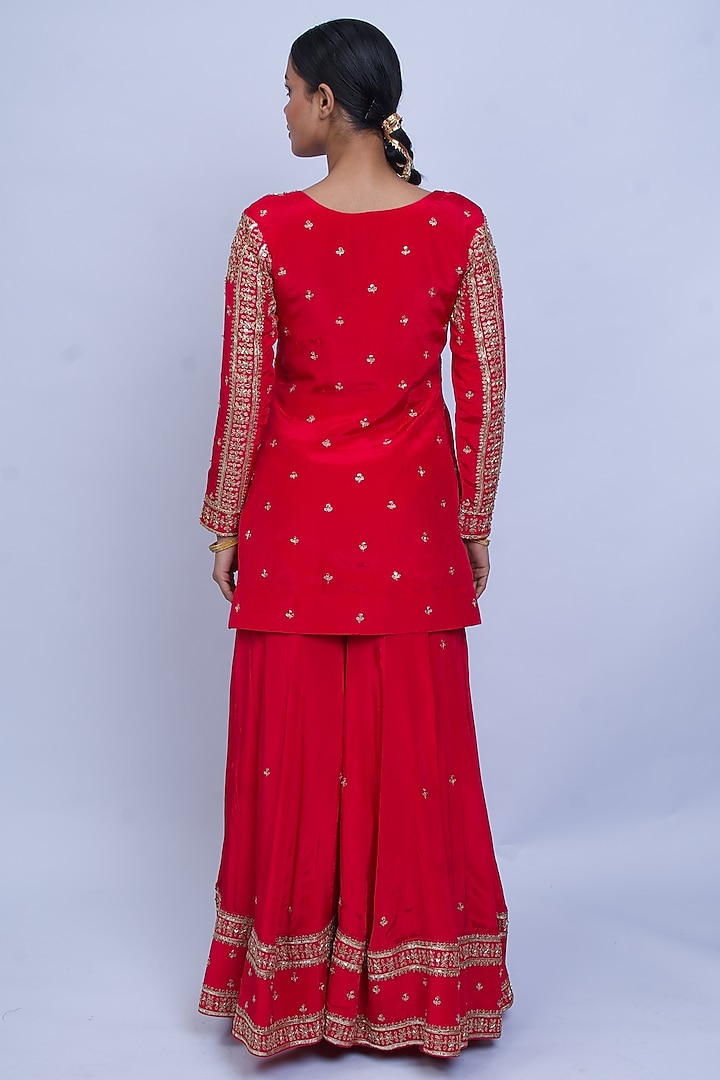Red Crepe Zardosi Embroidered Bridal Sharara Set by Shweta Dabas at Pernia's Pop Up Shop