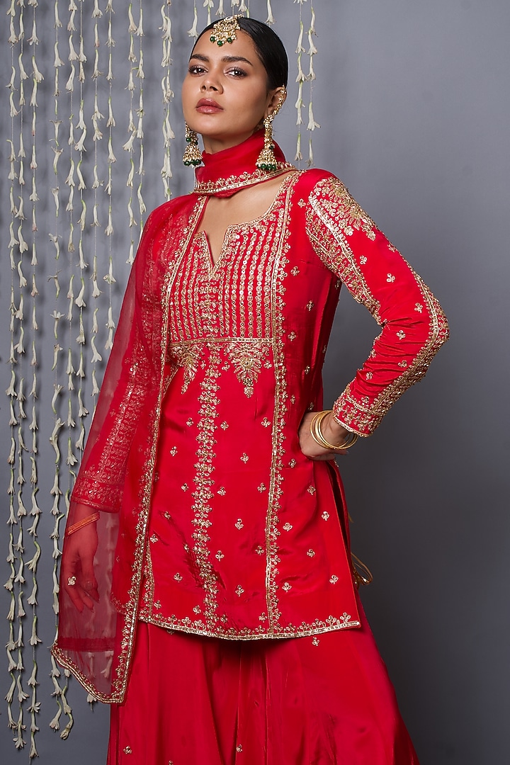 Red Crepe Zardosi Embroidered Bridal Sharara Set by Shweta Dabas at Pernia's Pop Up Shop