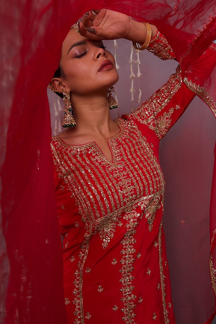 Red Crepe Zardosi Embroidered Bridal Sharara Set by Shweta Dabas at Pernia's Pop Up Shop