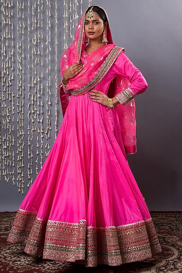 Pink Pure Silk Bridal Anarkali Set by Shweta Dabas at Pernia's Pop Up Shop