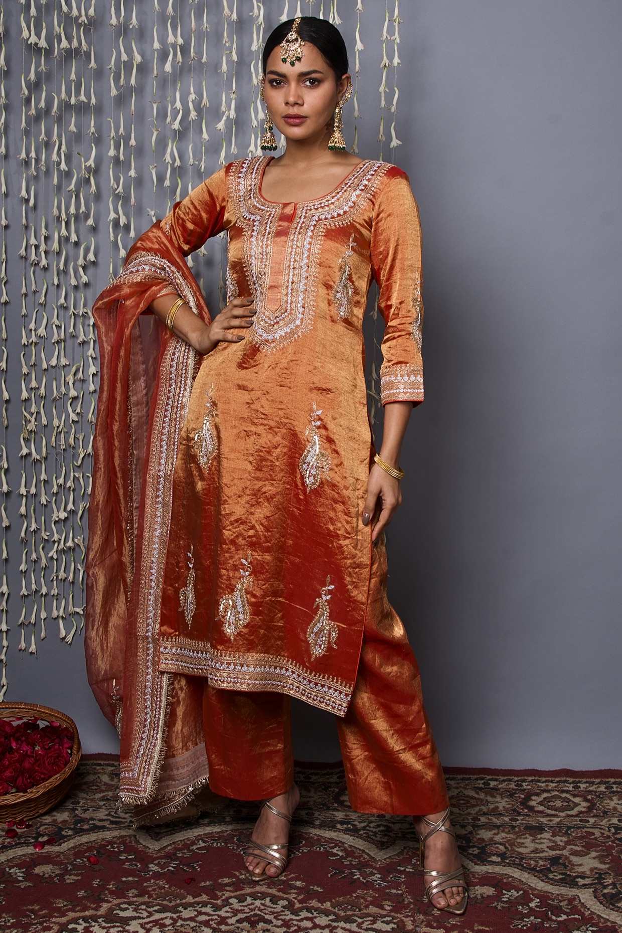 Tomato-Red Hand-Embroidered Pure Silk-Kurta-Pants Set main image 1