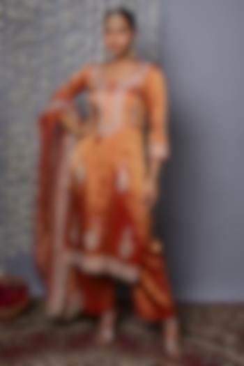 Orange Pure Raw Silk Thread Embroidered Kurta Set by Shweta Dabas at Pernia's Pop Up Shop