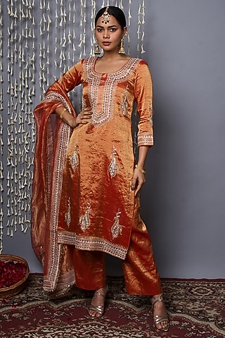 Orange Pure Raw Silk Thread Embroidered Kurta Set by Shweta Dabas