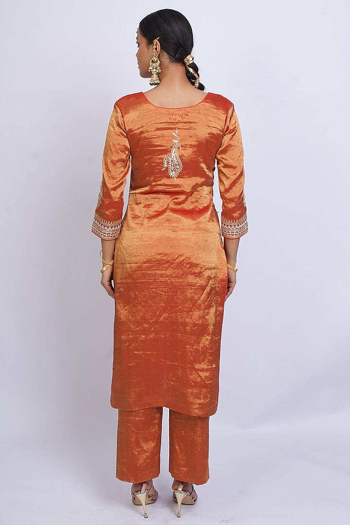 Orange Pure Raw Silk Thread Embroidered Kurta Set by Shweta Dabas at Pernia's Pop Up Shop