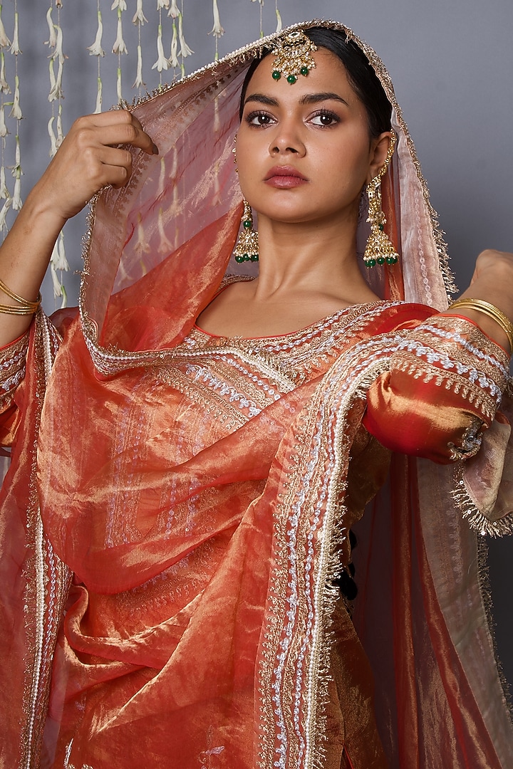 Orange Pure Raw Silk Thread Embroidered Kurta Set by Shweta Dabas at Pernia's Pop Up Shop