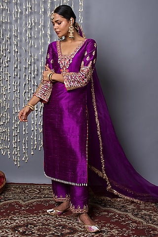 Purple Pure Tissue Hand Embroidered Kurta Set by Shweta Dabas
