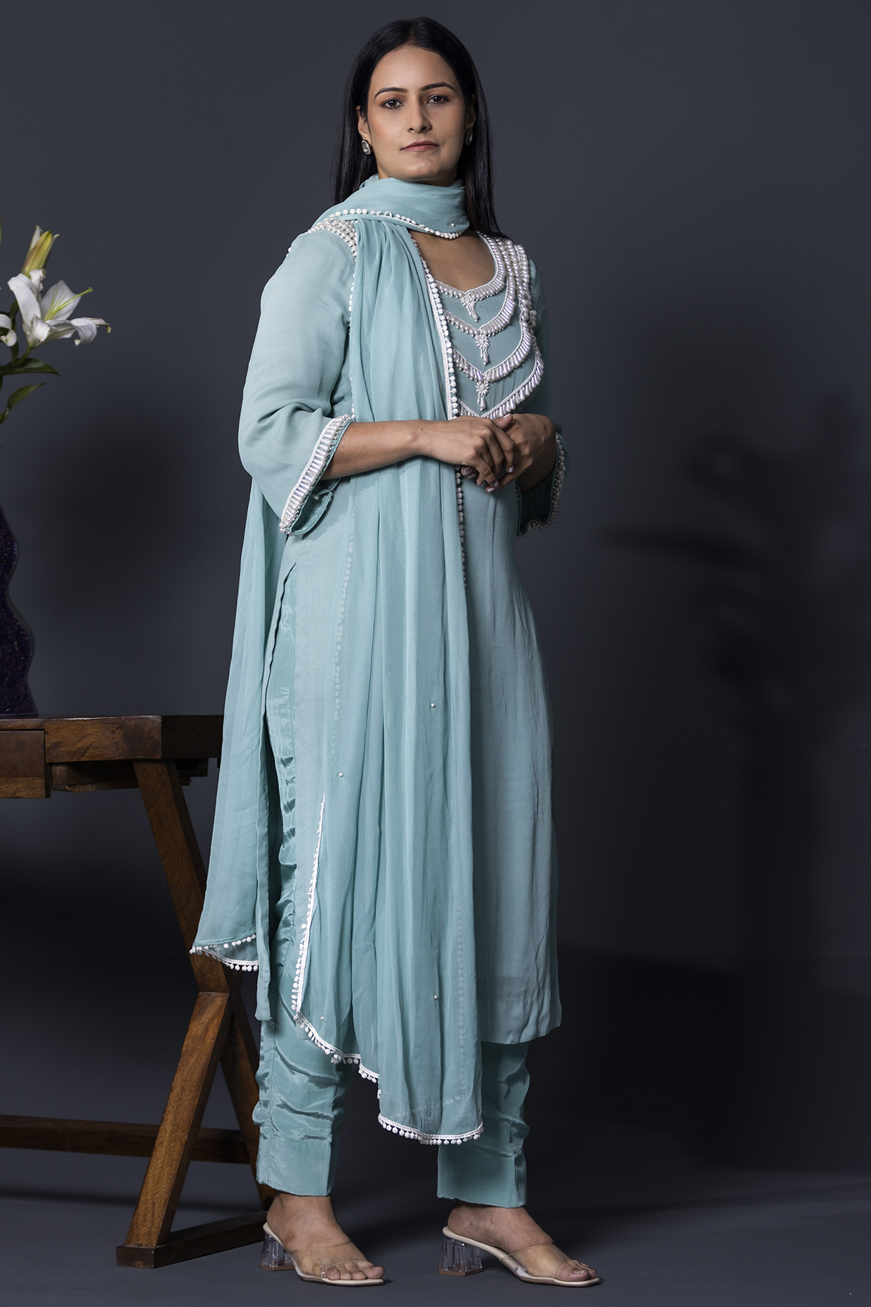 Sage Blue Georgette Kurta Set by Shweta Dabas at Pernia's Pop Up Shop