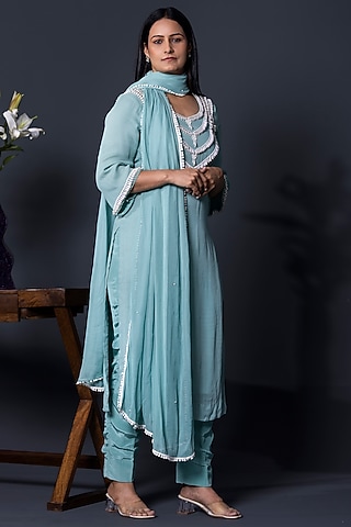 Sage Blue Georgette Kurta Set by Shweta Dabas