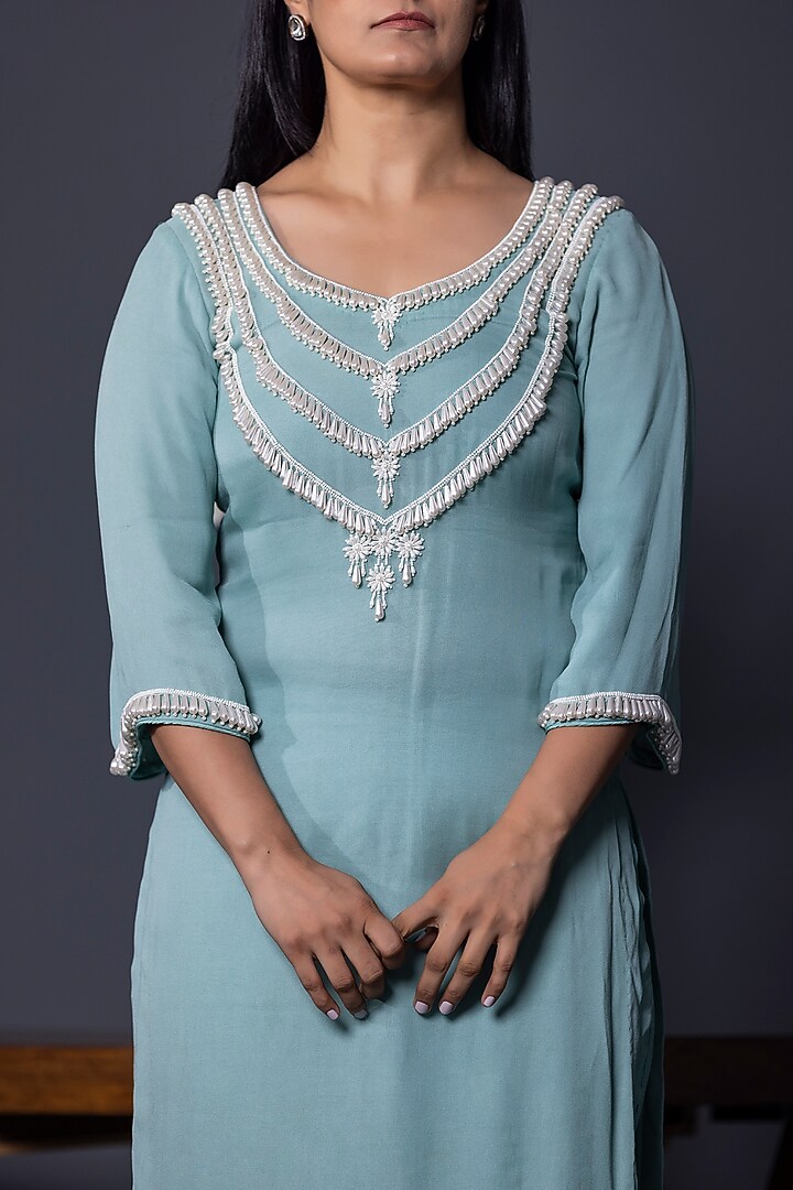 Sage Blue Georgette Kurta Set by Shweta Dabas at Pernia's Pop Up Shop