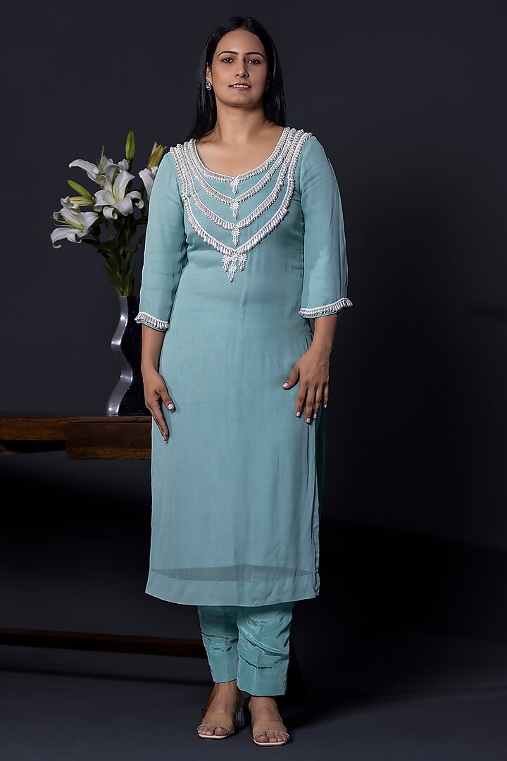 Sage Blue Georgette Kurta Set by Shweta Dabas at Pernia's Pop Up Shop