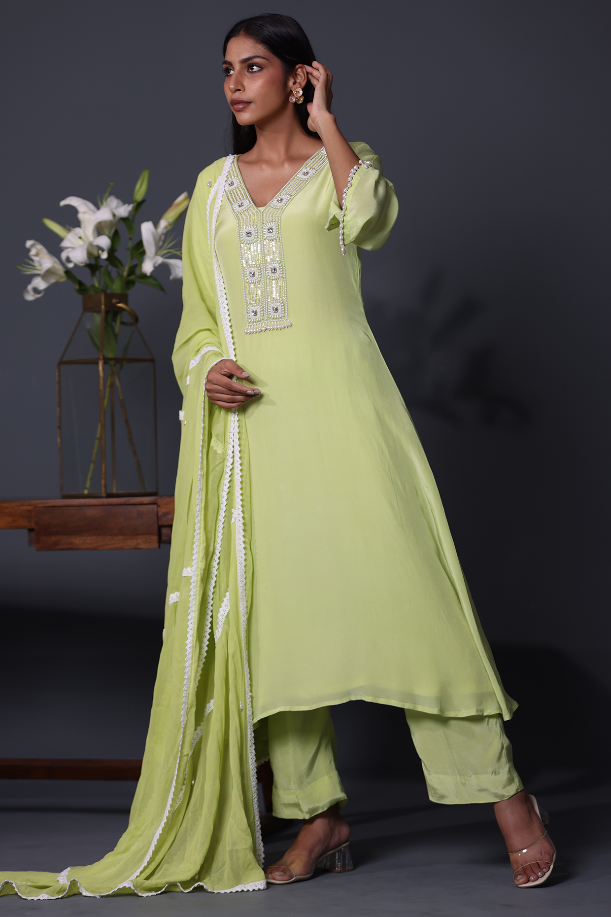 Apple Green Crepe Handwork Kurta Set by Shweta Dabas at Pernia's Pop Up Shop