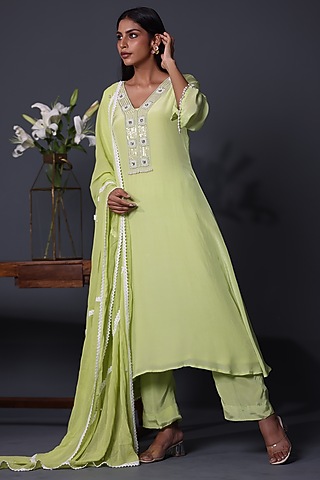 Apple Green Crepe Handwork Kurta Set by Shweta Dabas