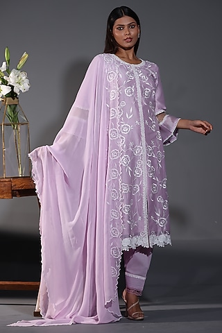 Purple Pure Chanderi Silk Machine Embroidered Kurta Set by Shweta Dabas