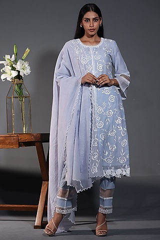 Blue Pure Chanderi Silk Machine Embroidered Kurta Set by Shweta Dabas