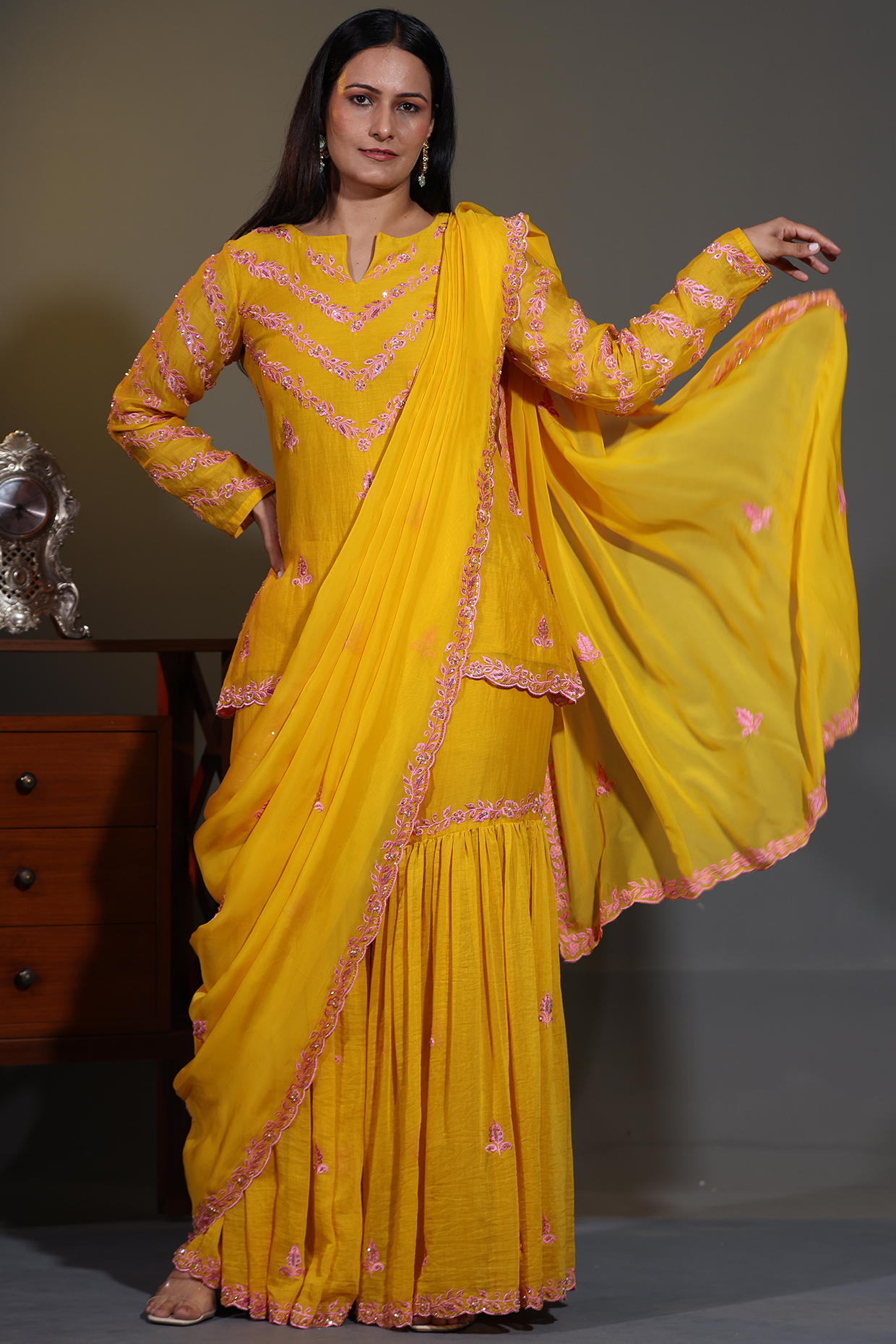 Haldi Yellow Pure Mulmul Thread Embroidered Gharara Set by Shweta Dabas at Pernia's Pop Up Shop