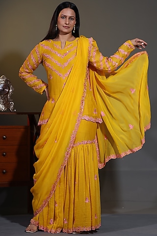 Haldi Yellow Pure Mulmul Thread Embroidered Gharara Set by Shweta Dabas