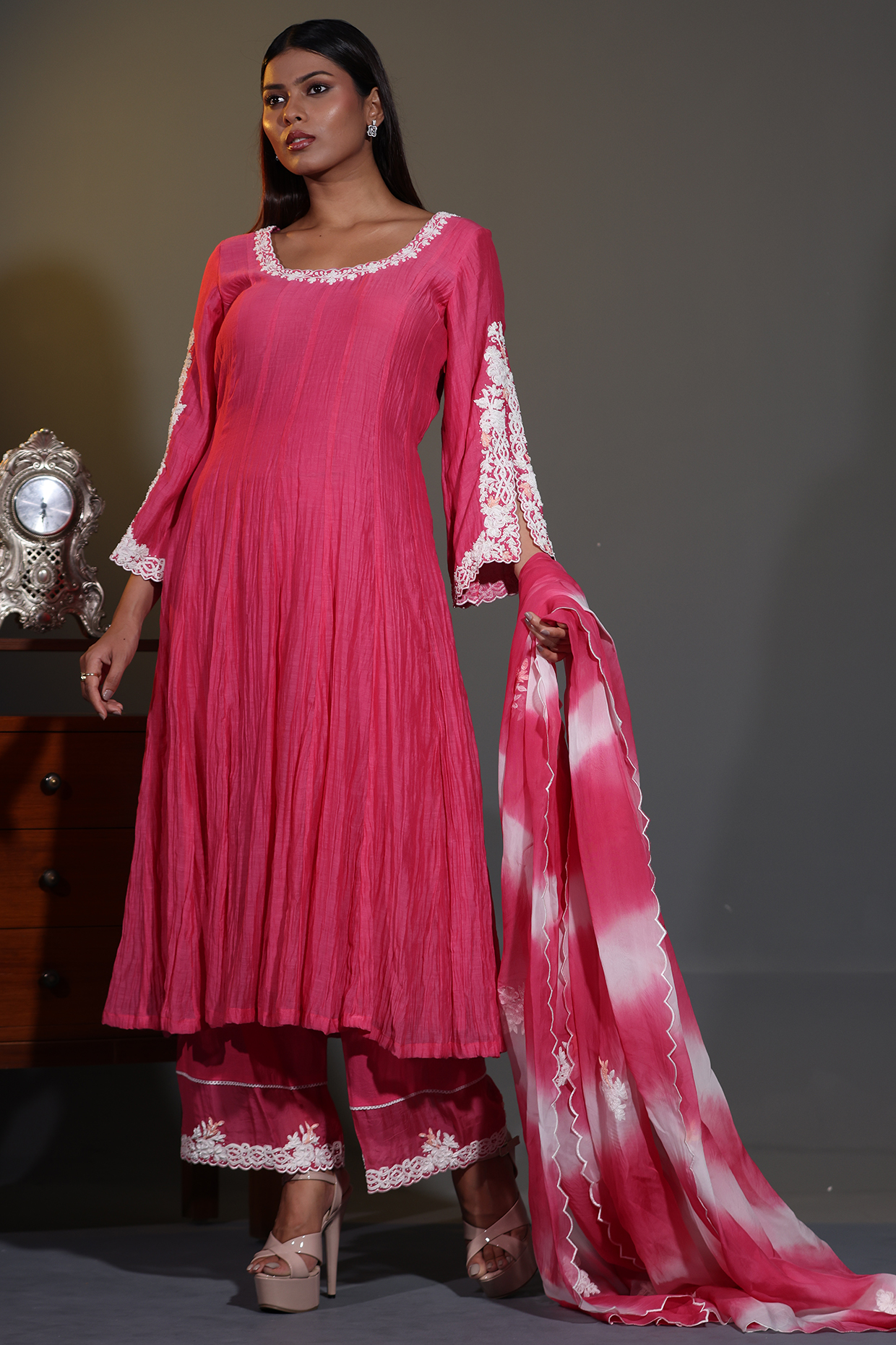 Pink Pure Mulmul Mirror Embroidered Wedding Anarkali Set by Shweta Dabas at Pernia's Pop Up Shop