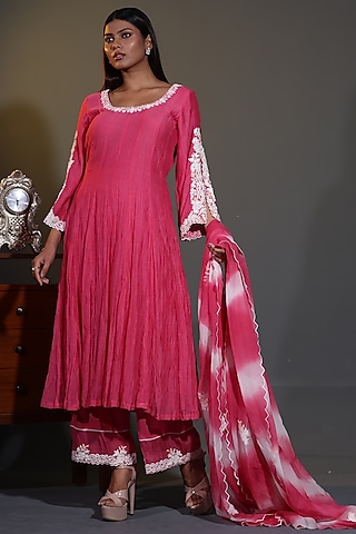 Pink Pure Mulmul Mirror Embroidered Anarkali Set by Shweta Dabas