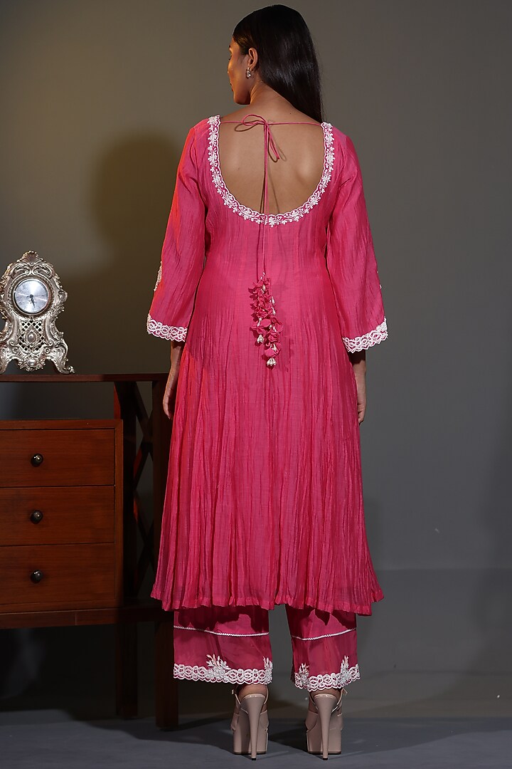 Pink Pure Mulmul Mirror Embroidered Wedding Anarkali Set by Shweta Dabas at Pernia's Pop Up Shop