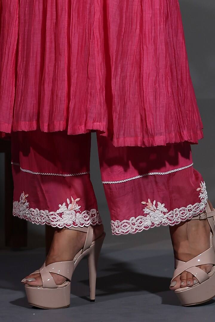 Pink Pure Mulmul Mirror Embroidered Wedding Anarkali Set by Shweta Dabas at Pernia's Pop Up Shop