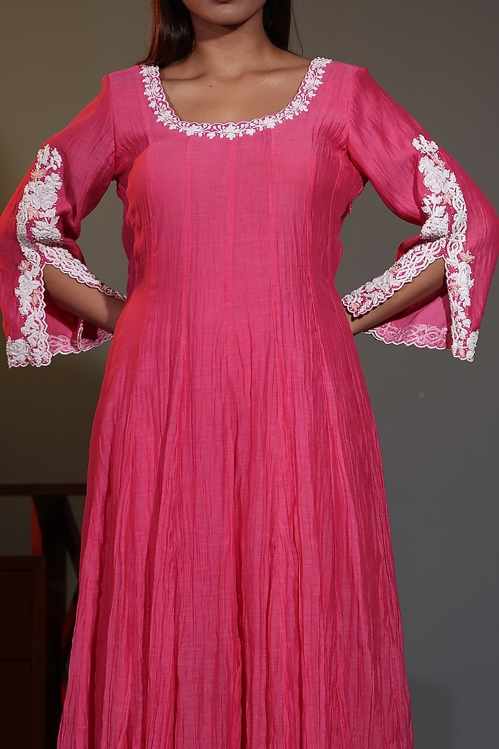 Pink Pure Mulmul Mirror Embroidered Wedding Anarkali Set by Shweta Dabas at Pernia's Pop Up Shop