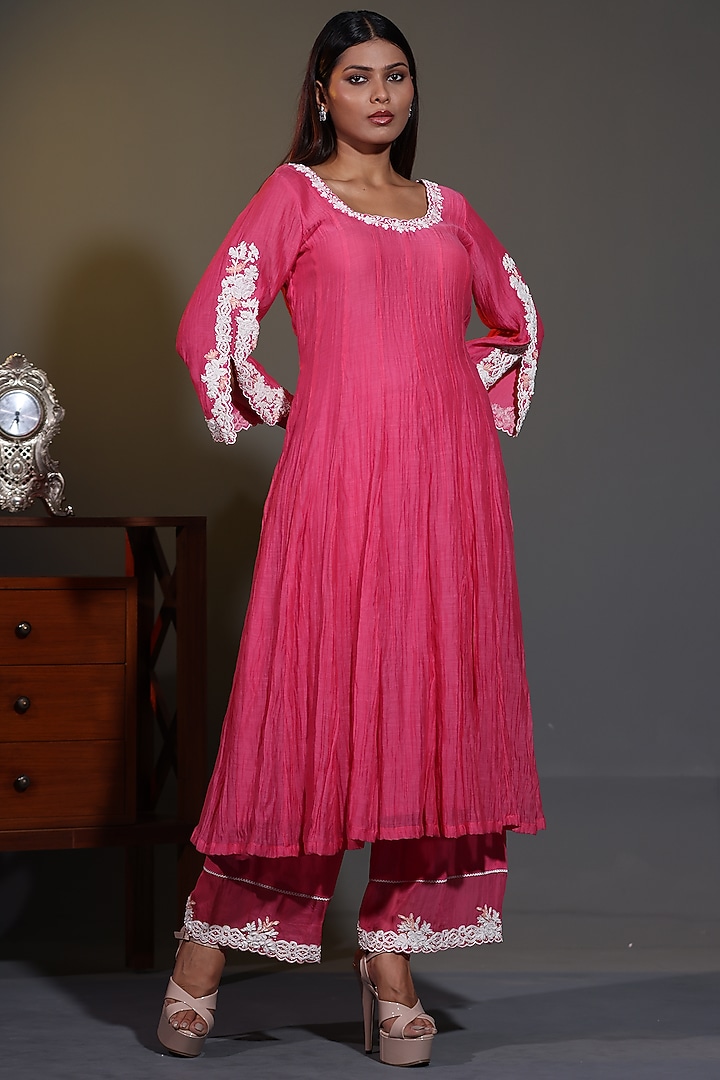 Pink Pure Mulmul Mirror Embroidered Wedding Anarkali Set by Shweta Dabas at Pernia's Pop Up Shop