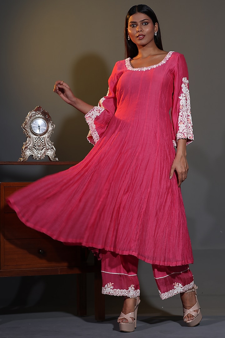 Pink Pure Mulmul Mirror Embroidered Wedding Anarkali Set by Shweta Dabas at Pernia's Pop Up Shop