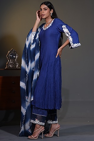Royal Blue Pure Mulmul Mirror Embroidered Anarkali Set by Shweta Dabas
