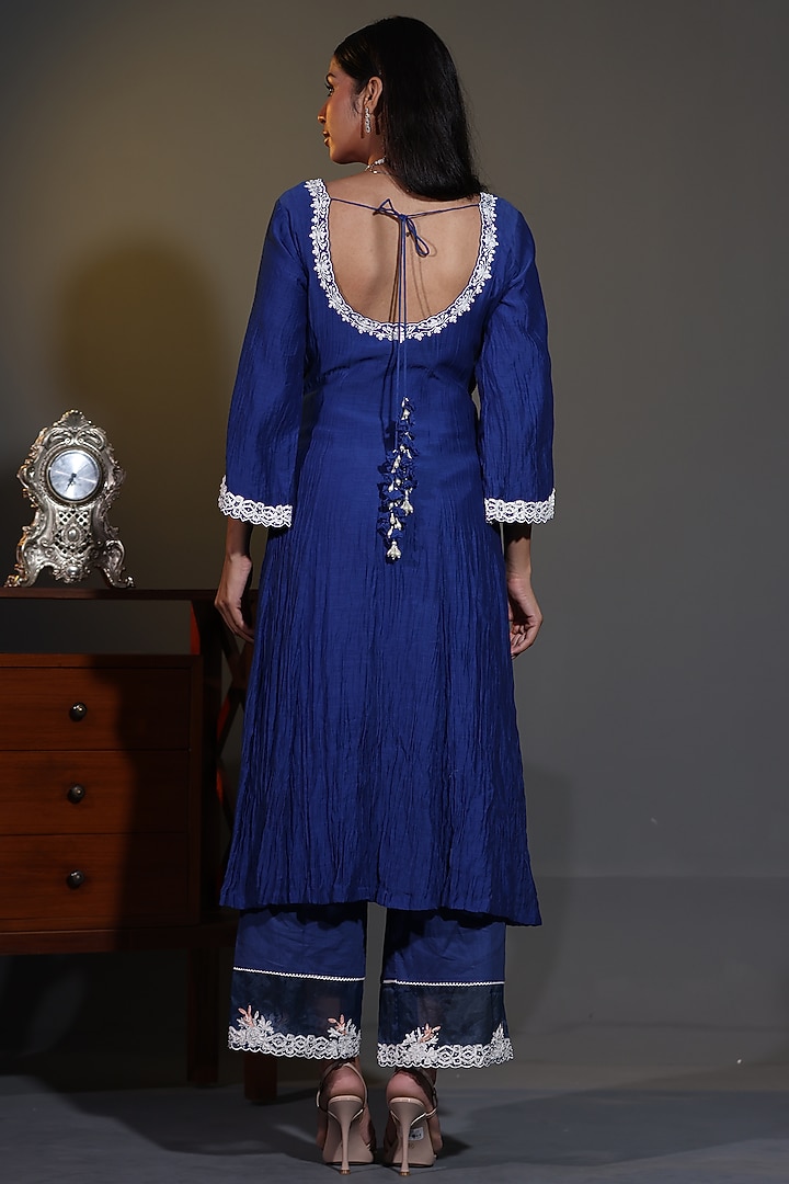Royal Blue Pure Mulmul Mirror Embroidered Wedding Anarkali Set by Shweta Dabas at Pernia's Pop Up Shop