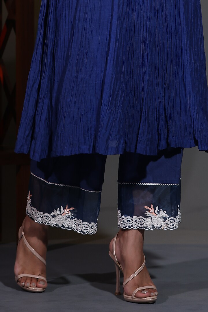 Royal Blue Pure Mulmul Mirror Embroidered Wedding Anarkali Set by Shweta Dabas at Pernia's Pop Up Shop