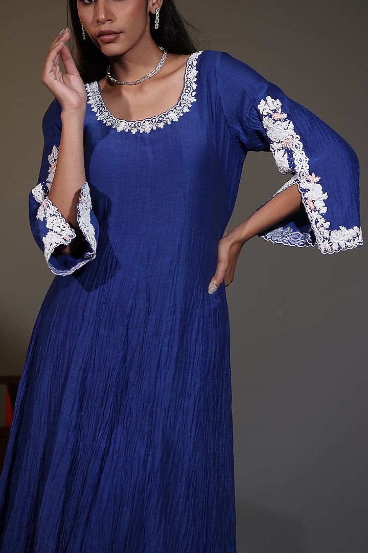 Royal Blue Pure Mulmul Mirror Embroidered Wedding Anarkali Set by Shweta Dabas at Pernia's Pop Up Shop