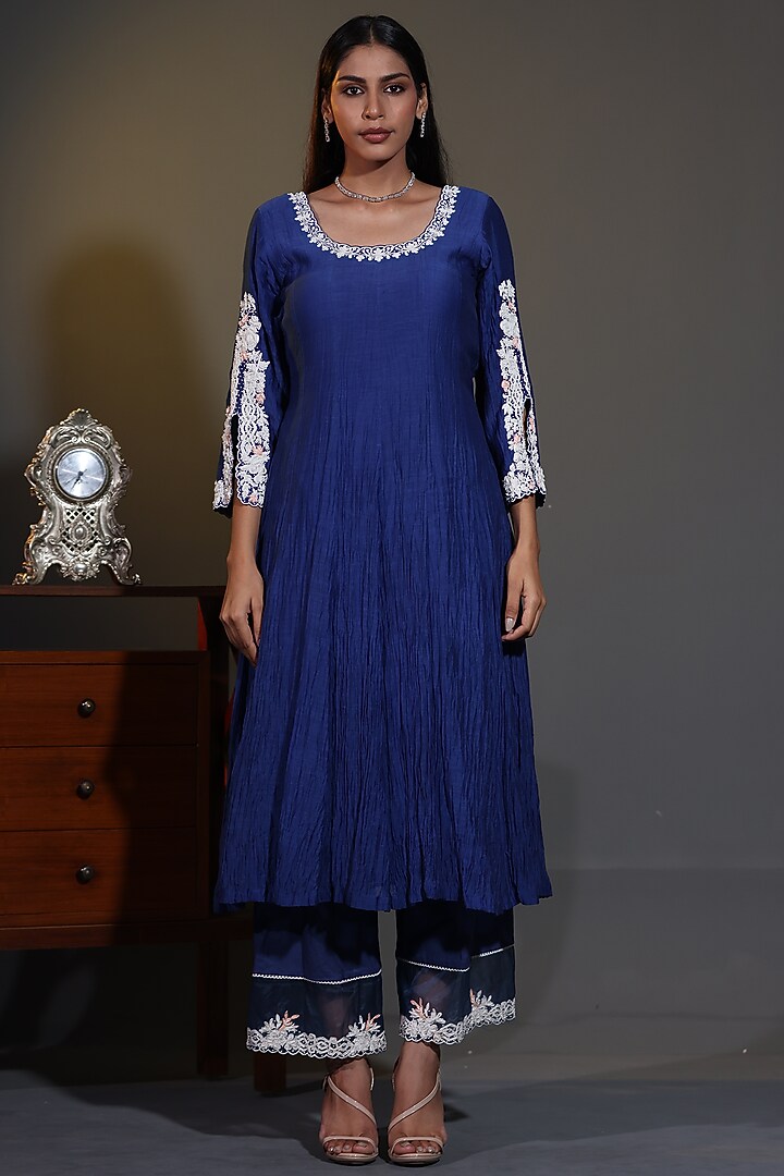 Royal Blue Pure Mulmul Mirror Embroidered Wedding Anarkali Set by Shweta Dabas at Pernia's Pop Up Shop