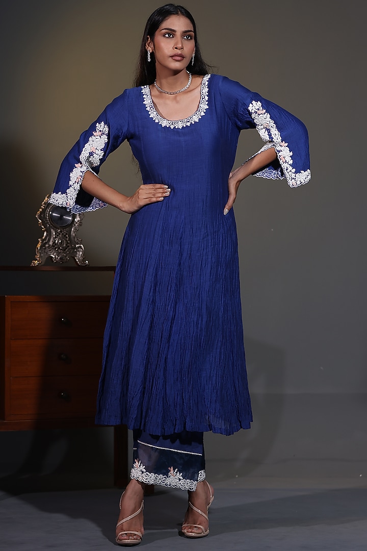 Royal Blue Pure Mulmul Mirror Embroidered Wedding Anarkali Set by Shweta Dabas at Pernia's Pop Up Shop