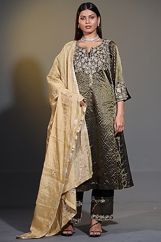 Black Pure Tissue Striped Zari Zardosi Handwork Kurta Set by Shweta Dabas