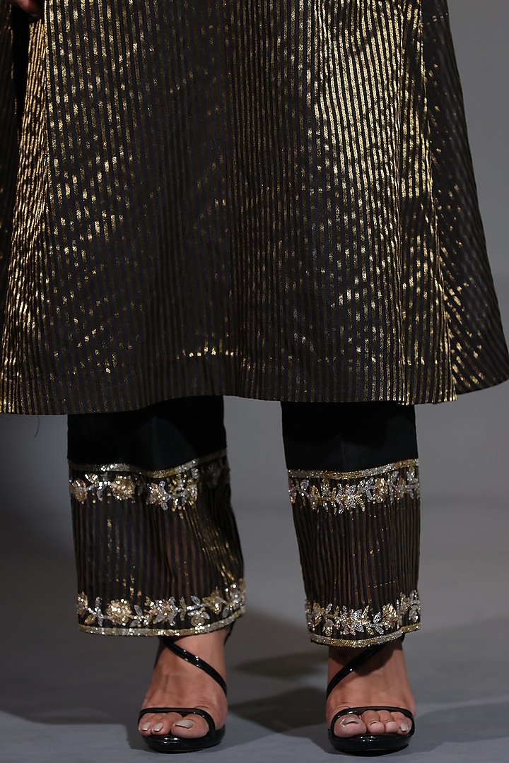 Black Pure Tissue Striped Zari Zardosi Handwork Kurta Set by Shweta Dabas at Pernia's Pop Up Shop
