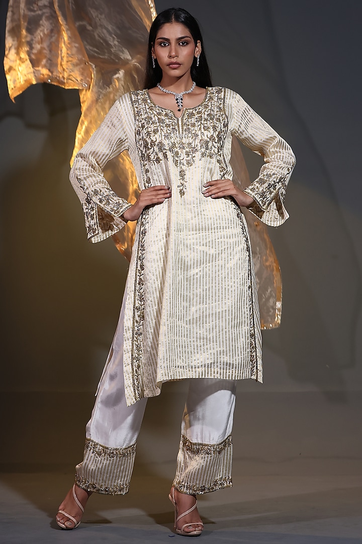 Ivory Pure Tissue Striped Zari Zardosi Handwork Kurta Set by Shweta Dabas at Pernia's Pop Up Shop