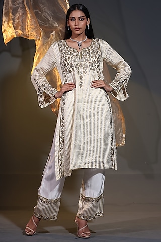 Ivory Pure Tissue Striped Zari Zardosi Handwork Kurta Set by Shweta Dabas