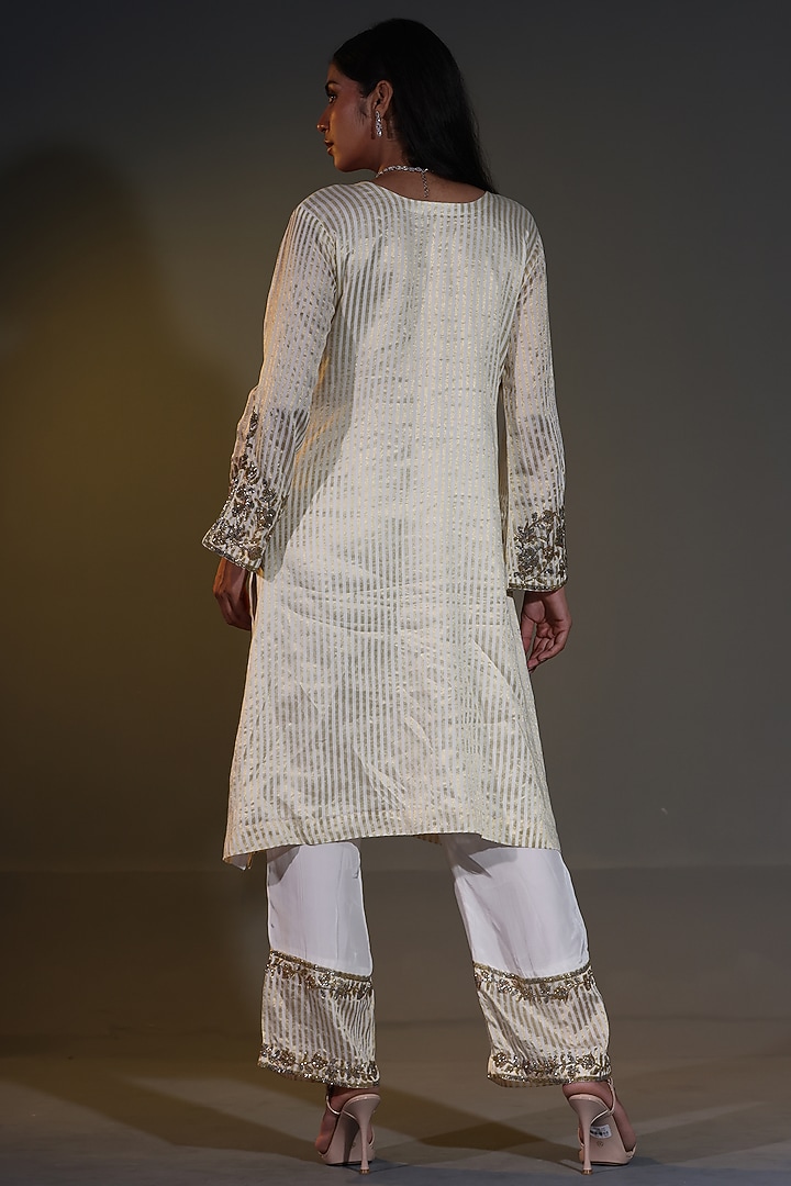 Ivory Pure Tissue Striped Zari Zardosi Handwork Kurta Set by Shweta Dabas at Pernia's Pop Up Shop