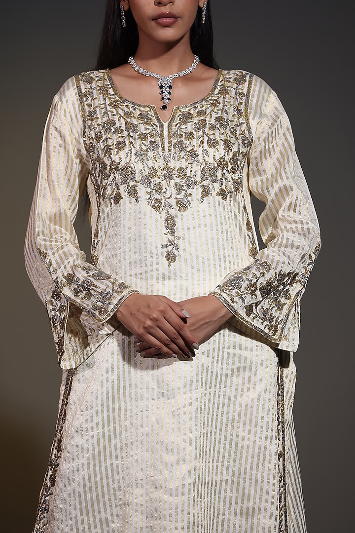 Ivory Pure Tissue Striped Zari Zardosi Handwork Kurta Set by Shweta Dabas at Pernia's Pop Up Shop