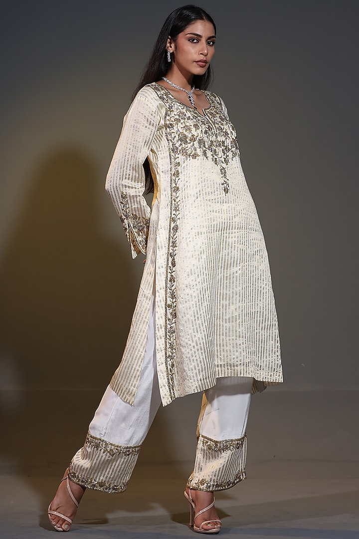 Ivory Pure Tissue Striped Zari Zardosi Handwork Kurta Set by Shweta Dabas at Pernia's Pop Up Shop