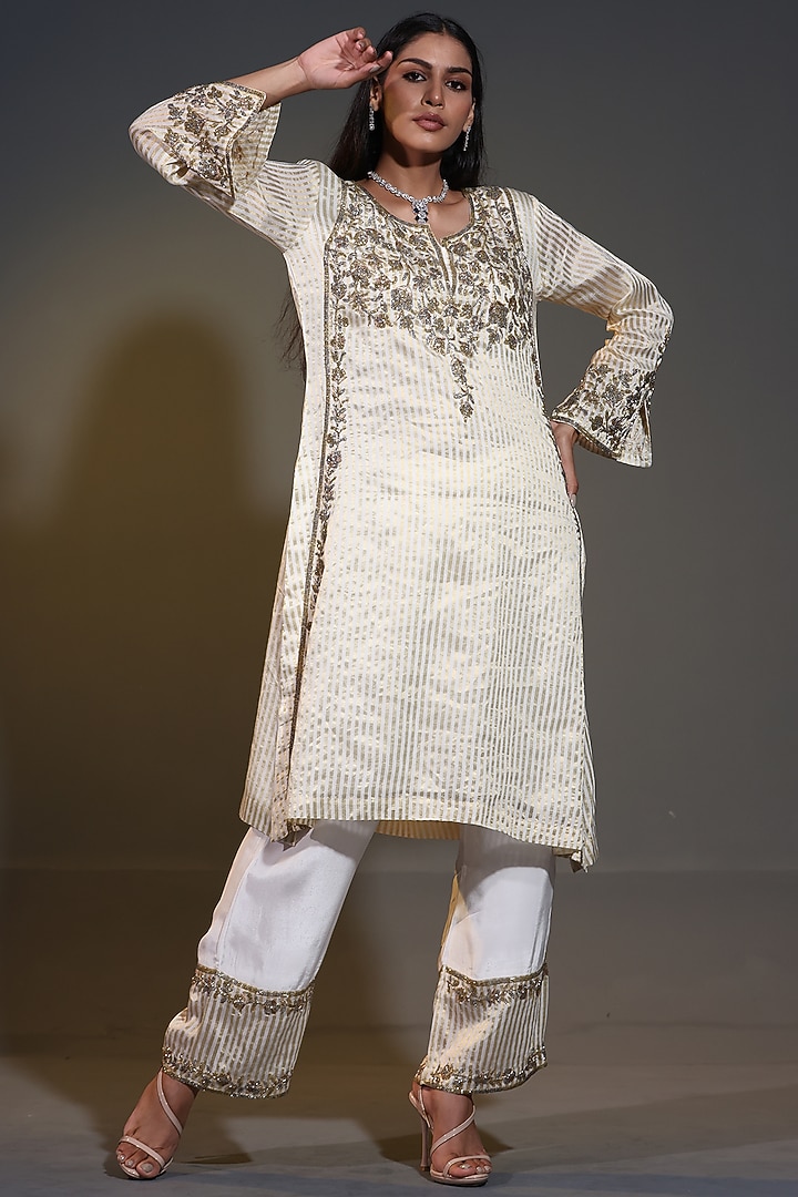 Ivory Pure Tissue Striped Zari Zardosi Handwork Kurta Set by Shweta Dabas at Pernia's Pop Up Shop