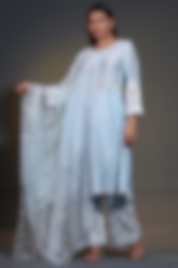 Blue Pure Chanderi Silk Applique Cutwork A-Line Kurta Set by Shweta Dabas at Pernia's Pop Up Shop