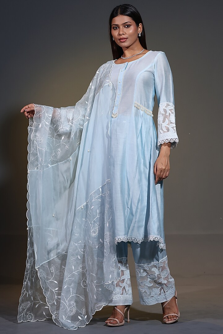 Blue Pure Chanderi Silk Applique Cutwork A-Line Kurta Set by Shweta Dabas at Pernia's Pop Up Shop