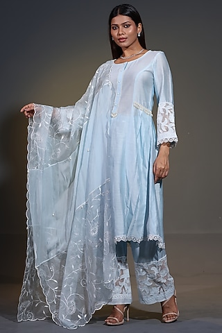Blue Pure Chanderi Silk Applique Cutwork A-Line Kurta Set by Shweta Dabas