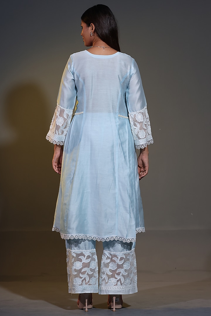 Blue Pure Chanderi Silk Applique Cutwork A-Line Kurta Set by Shweta Dabas at Pernia's Pop Up Shop