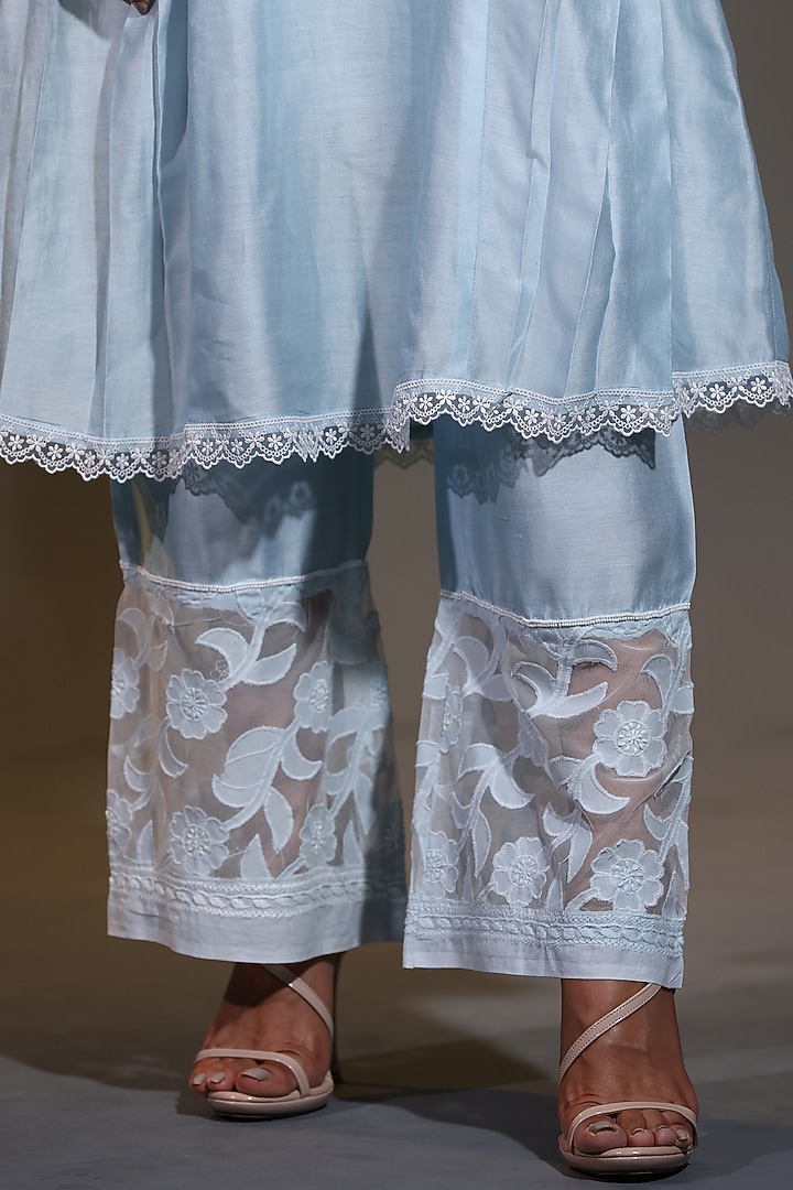 Blue Pure Chanderi Silk Applique Cutwork A-Line Kurta Set by Shweta Dabas at Pernia's Pop Up Shop